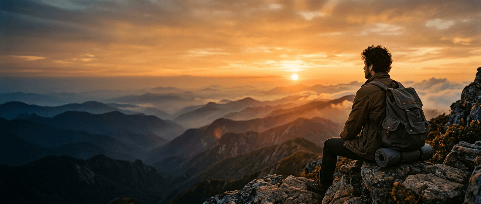 Un hombre con mochila, sentado sobre una roca, mira las montañas durante el atardecer.