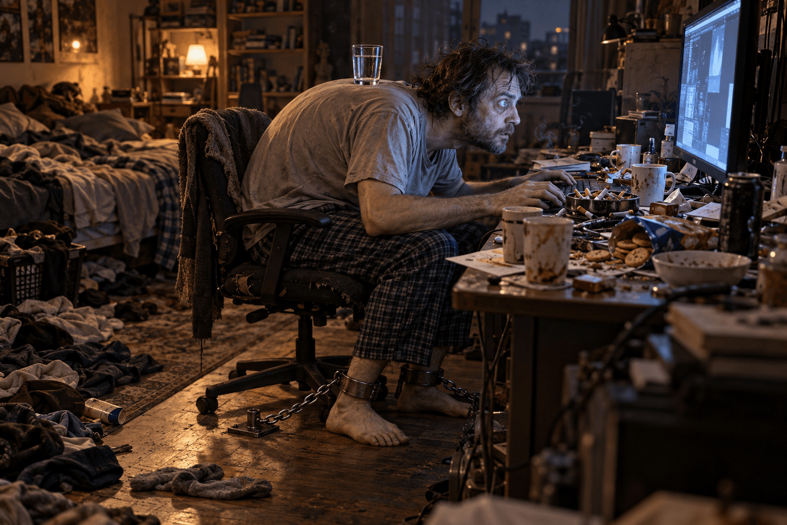 Un hombre agotado, encorvado frente a la computadora en un cuarto desordenado, con un vaso de agua en equilibrio sobre la espalda y los tobillos encadenados al piso. Sobre el escritorio hay tazas de café sucias, cigarrillos y paquetes de galletitas abiertos.